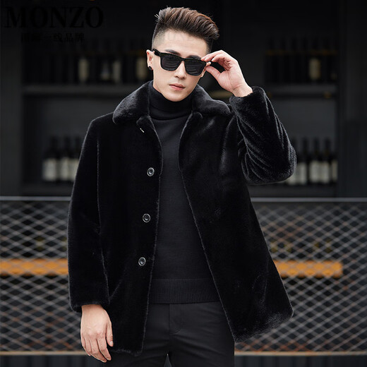 MONZO international first-line brand autumn and winter imitation mink coat mid-length men's lapel button style mink coat imitation mink black lapel zipper style S 90-105Jin Jin equals 0.5 kg