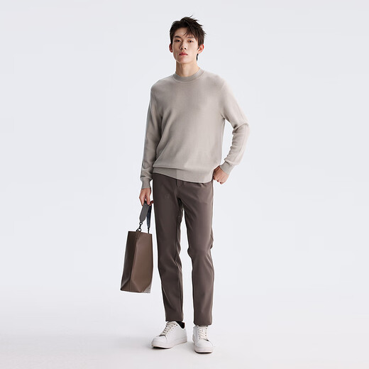 Lilang Light Fashion Men's Clothing Cashmere Mulberry Silk Wool Sweater Men's Round Neck Commuting Warm Long-Sleeved Knitted Sweater Beige (2Y) XL (175)