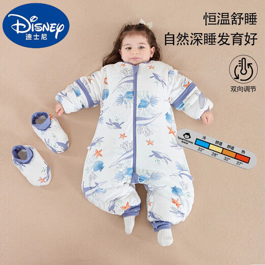 Disney baby sleeping bag spring, autumn and winter constant temperature four-season universal children's pure cotton anti-kick quilt split-leg baby sleeping bag spring and autumn double layer room temperature 18-26 Sea World footless cover 85cm 80 size (reference 65-, June-1 and a half years old)