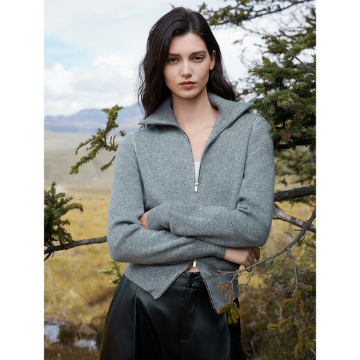 ELLE French sheep wool casual knitted cardigan for women 2025 winter new contrast color high-end soft waxy sweater medium gray M