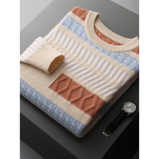 鄂尔多斯市产秋冬新款羊毛衫男士套头加厚毛衣加厚大码针织打底拼 本米棕 XL