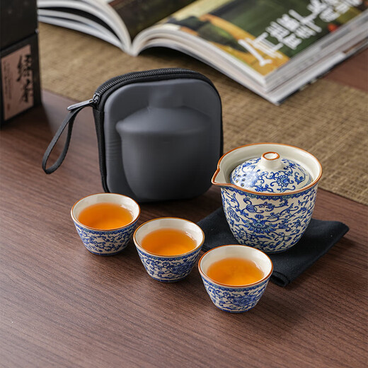 Ru Kiln Travel Tea Set One Pot Three Cups Convenient Outdoor Camping Teapot Teacup Holiday Souvenir Ru Kiln Yellow-Quick One Pot Three Cups + Small Gray Bag