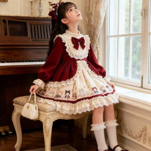 Kafanli (KafanIi) Girls Lolita Princess Dress 25 New Children's Birthday Dress Western Style Baby Girl Dress Autumn and Winter Burgundy 265 Velvet No Accessories 130 cm