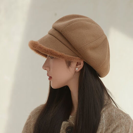 Autumn and winter beret women's velvet warm ear protection small head circumference octagonal hat Korean version versatile fashion plush peaked cap beige