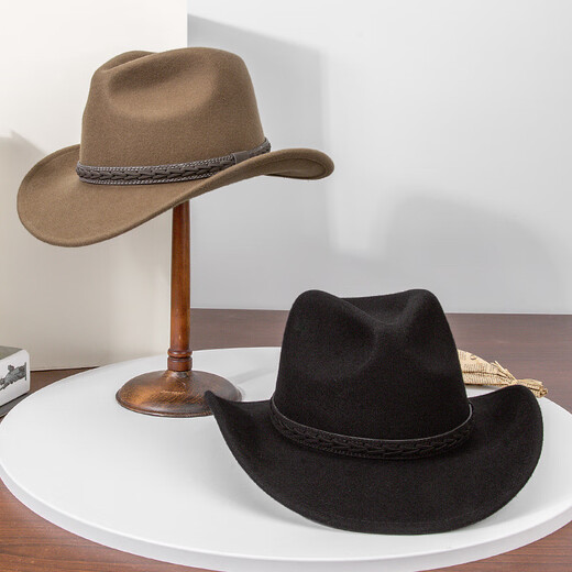 Lee dprre autumn and winter new large brim wool hat men's travel western cowboy knight hat retro European and American style bay brim jazz hat dark camel M (56-58cm)