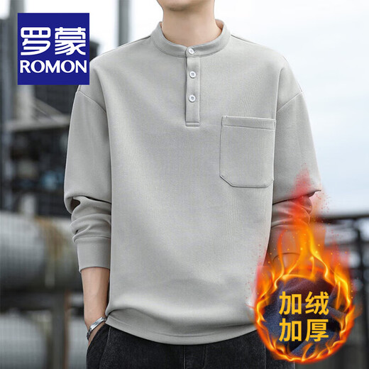 ROMON autumn and winter velvet thickened men's long-sleeved sweatshirt, fashionable, warm and versatile, casual T-shirt, Henry collar loose bottoming shirt, black, velvet XL