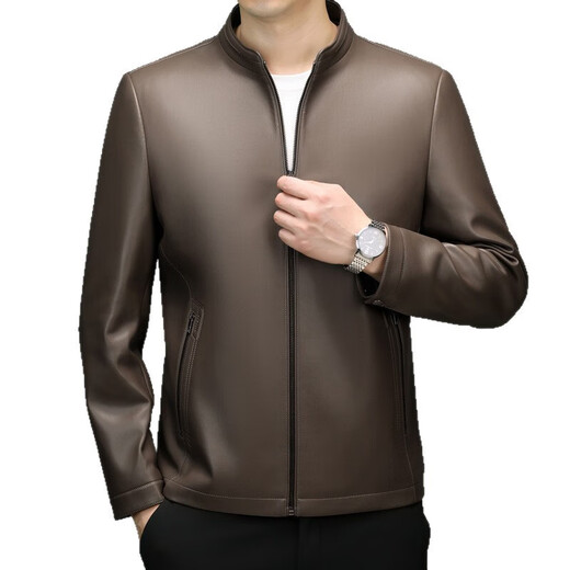 Goldlion spring, autumn and winter stand-up collar versatile and comfortable Haining leather jacket for middle-aged men trendy dad wear business casual leather jacket black 2XL 185