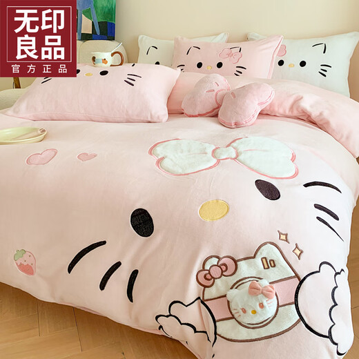 MUJI winter milk velvet appliqué embroidered four-piece set thickened double-sided velvet sheet quilt cover fitted sheet home dormitory warm kit cute cat-pink Class A baby velvet 1.8m bed sheet style four-piece set-quilt cover 200*230cm