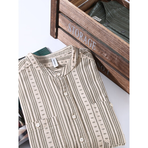 Capti Henry collar striped long-sleeved shirt men's spring and autumn trendy casual all-match shirt jacket men's inch shirt top Khaki M