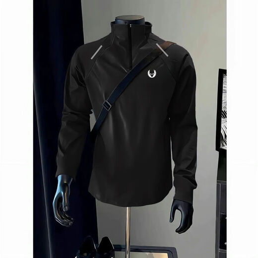 Fitness long-sleeved men's and women's loose half-zip sports T-shirt American running autumn and winter basketball training plus fleece cycling jersey V07 black reflective strips +276 M M