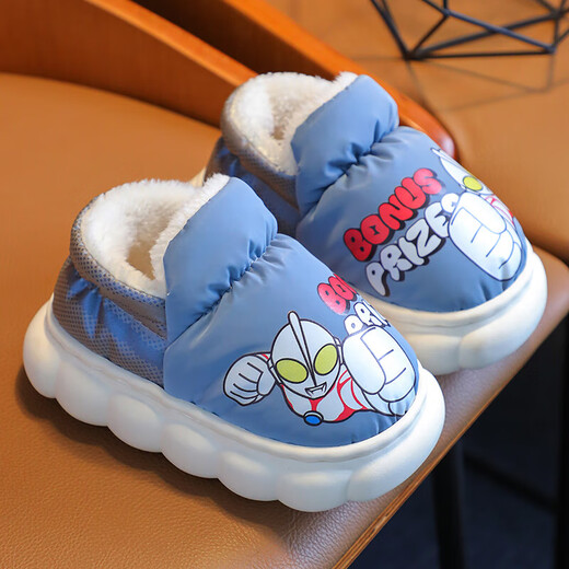 Authentic Ultraman Winter Children's Cotton Shoes Cartoon Boys and Girls Indoor and Outdoor Warm Waterproof Baby Bag Heel Cotton Shoes Upgraded Version Sapphire Blue 12 28/29 Foot Length 17.5CM 4-5 Years Old