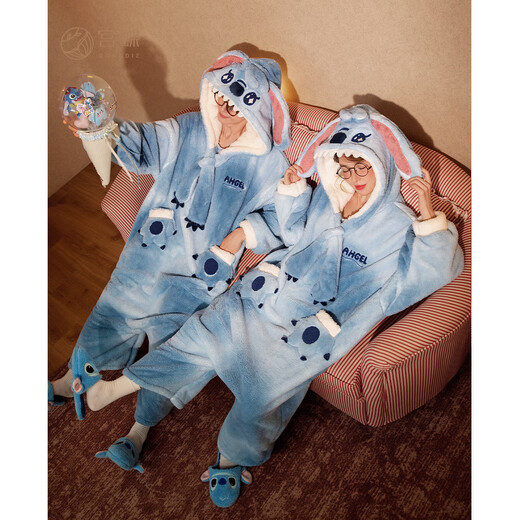 Gongdie thermal storage type Disney Stitch autumn and winter one-piece pajamas for women thickened coral velvet men's home clothes