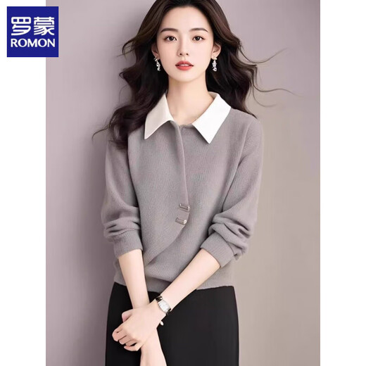ROMON fake two-piece corduroy thickened shirt for women in autumn and winter fashion contrasting color atmosphere loose casual Polo collar top light gray L suitable for 100-110Jin Jin equals 0.5 kg