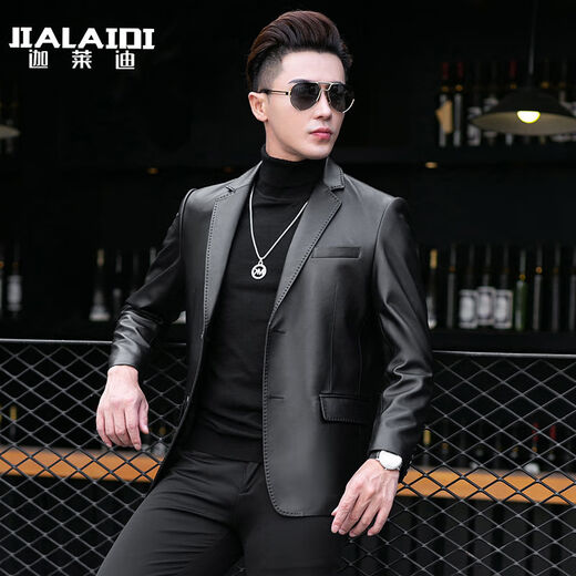 Galedi leather suit men's autumn new sheepskin jacket slim thin small suit business Haining leather jacket trendy black S 16546