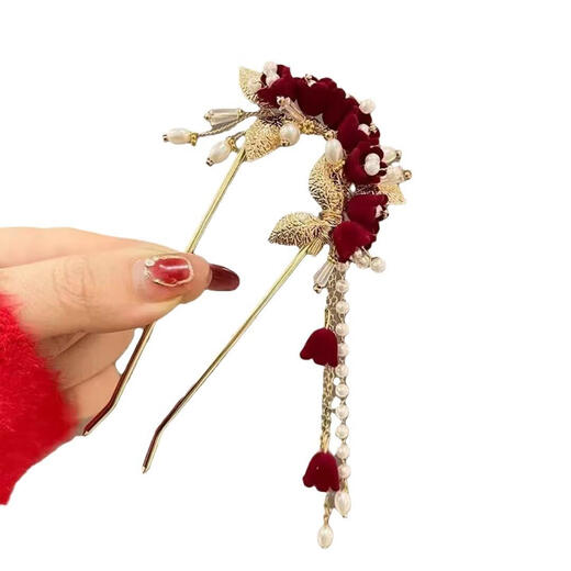 Qimei Lian gets married, her mother-in-law has a flower in her head, wedding banquet, updo hair ornaments, high-end temperament, new Chinese style cheongsam dress, horse face skirt, hair accessories, rose U-shaped hairpin