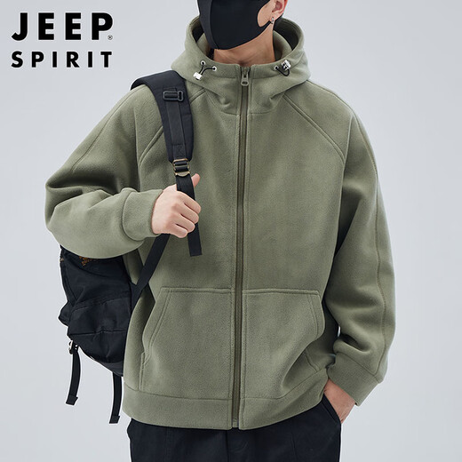 JEEP SPIRIT Jeep Polar Fleece Hooded Jacket Men's Autumn and Winter Cardigan Sweater Jacket Men's Thickened Top Bean Green XL