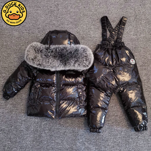 G.duck little yellow duck winter new children's clothing suit baby overalls suit boys and girls raccoon fur ski space silver (real fox fur) split 85