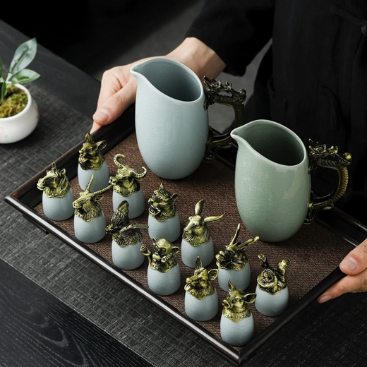 Shimmer Li Bai Wine Glass Set High-end Chinese Ceramic Wine Set Twelve Zodiac Wine Dividers Wine Glasses and Wine Sets Geyao 12 Zodiac Wine Sets/Tianqing