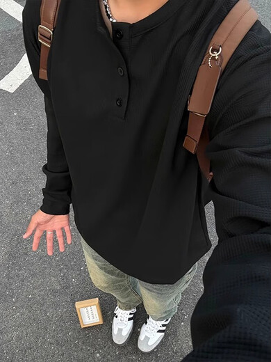 Waffle black sweatshirt men's spring and autumn cleanfit cotton bottoming shirt high-end Henry collar long-sleeved T-shirt black upgraded model M 90-110Jin Jin equals 0.5 kg