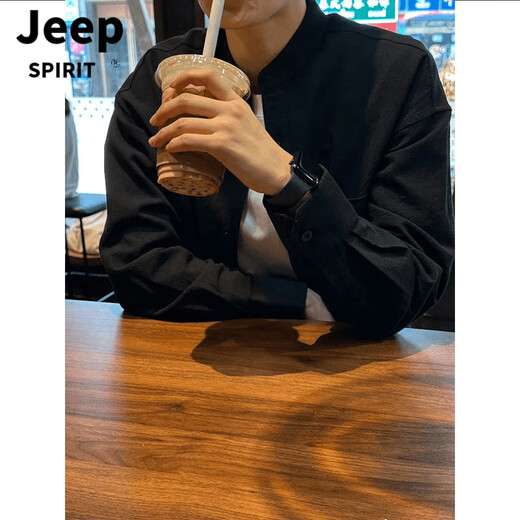 JEEP SPIRIT light mature style casual stand collar black shirt men's autumn new Chinese cotton and linen cardigan Henry collar shirt jacket black upgraded version M