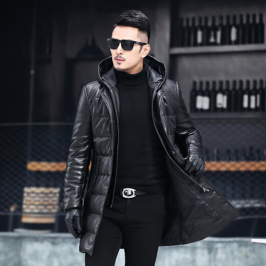 Matchstick Winter New Haining Leather Clothes Men's Medium Long Removable Hooded Slim Korean Style Leather Coat Casual Jacket Black M