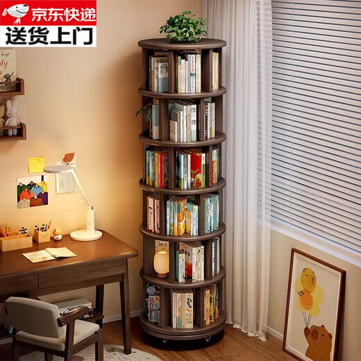 Solid wood rotating bookshelf 360 degree bookcase storage rack floor-standing integrated wall-mounted movable corner gap small narrow cabinet 6 layers walnut color 197cm_stable and not shaky_movable assembly