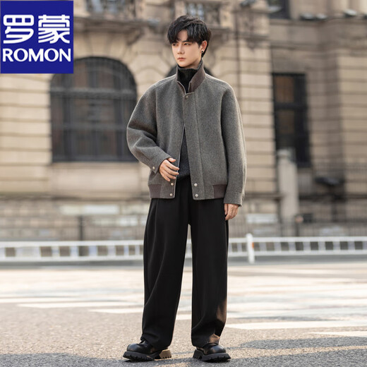 ROMON stand collar woolen coat men's 2026 new double-sided woolen woolen coat short loose zipper jacket top black gray M