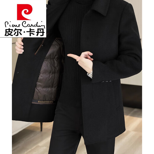 皮尔卡丹（pierre cardin）羊毛呢外套男士中长款双面呢大衣冬季鹅绒内胆羊毛绒呢子风衣 23818黑色高端双面呢膝 (可拆卸羽绒内胆) 2XL 185(155-170斤)