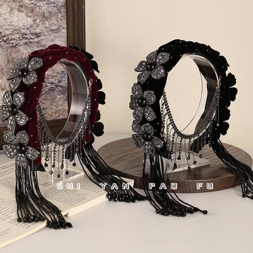 Mist-added Donggong headband wide-brimmed hair seam three-dimensional flower braided velvet hair accessory tassel sparkling diamond exotic style pressed headband Donggong black