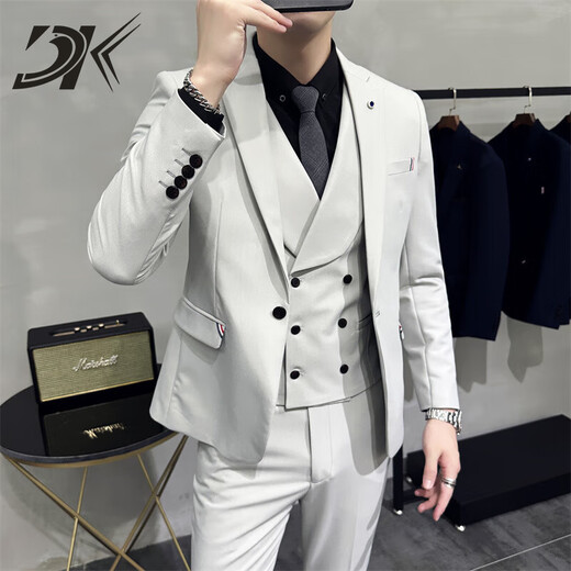 DK brand men's suit suit men's autumn high-end three-piece Korean version slim business casual professional small suit black suit + pants come with tie + bow tie + belt S