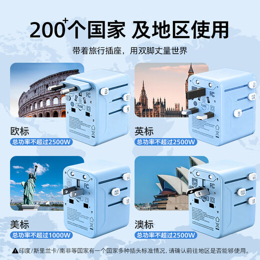 Philips (PHILIPS) Overseas Conversion Plug Converter/International Travel Socket Converter/British, European, American, Australian Standard, Germany, Japan, Singapore and Hong Kong applicable/1A1C charging 12w blue