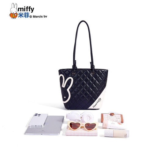 Miffy ring tote bag, fashionable and versatile handbag, high-end bucket bag, birthday gift with zipper, black with white small size