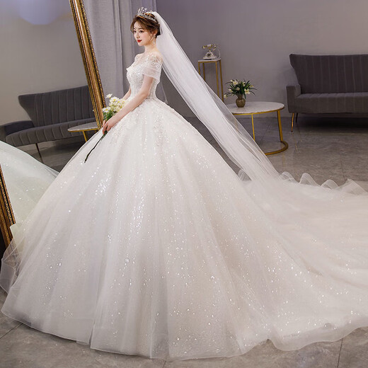 Zhizhou Xian Pauline one-shoulder light wedding dress 2024 temperament main gauze bride summer cover thick arms big tail princess style floor-length standard mid-waist veil skirt support M one size