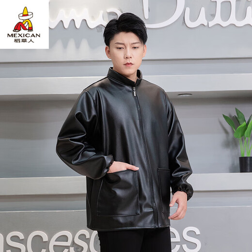 稻草人（MEXICAN）男士皮衣皮裤套装防油防水机车摩托车防风保暖屠宰水产劳保工作服 黄金绒加绒连帽[棉款上衣] 加厚 L (小号)