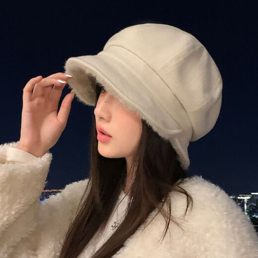 Rui Menghua 2025 new autumn and winter velvet thickened beret versatile large head circumference octagonal hat showing face small windproof warm hat beige M 55-58c one size fits all