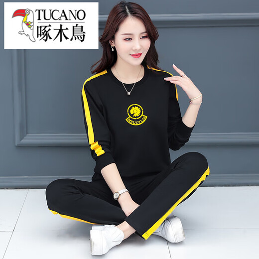 Woodpecker (TUCANO) Spring and Summer Casual Sports Suit for Women 2025 New Loose Fashionable Large Size Western Style Autumn Two-piece Set Trendy 686 Black Short Sleeve Shorts L (Recommended 95-110 Jin Jin is equal to 0.5 kg)