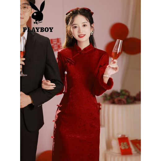 Playboy (PLAYBOY) Cheongsam Toast Wedding Bridal Wedding Burgundy Long Sleeve Chinese Young Style Engagement Dress Women Thickened Velvet Winter Burgundy Velvet Thickened Official Flagship Edition 2XL
