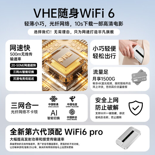 VHE wifi portátil de tres redes universal sin tarjeta móvil portátil wi-fi6 tarjeta de red inalámbrica portátil de alta velocidad 4G velocidad ilimitada Internet punto de acceso para automóvil enrutador 2025 para exteriores Recomendación de audio y video WiFi6 Extreme Edition de 28 núcleos