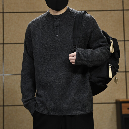 Fat Brother American high-end Henry collar sweater men's autumn and winter new trendy brand casual warm sweater top jacket for men black M weight 100-130Jin Jin is equal to 0.5 kg