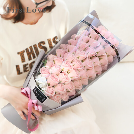 FirstLove 51 pink rose eternal soap flowers delivered in the same city for New Year, Valentine's Day, birthday gift for girlfriend, non-flowers