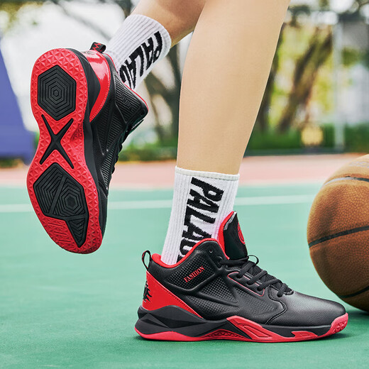 【高帮篮球鞋】男秋季百搭高帮运动篮球鞋青少年减震防滑跑步鞋 黑红 【皮面防水】 42 (260mm)