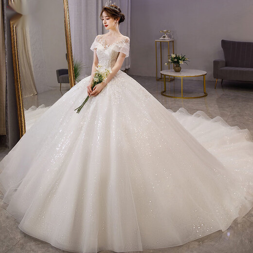 Zhizhou Xian Pauline one-shoulder light wedding dress 2024 temperament main gauze bride summer cover thick arms big tail princess style floor-length standard mid-waist veil skirt support M one size
