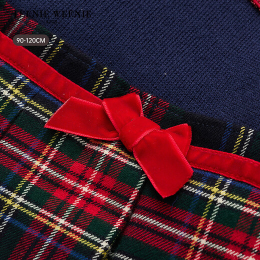 Teenie Weenie Kids 26 years new baby girl patchwork plaid long-sleeved dress navy blue 90cm