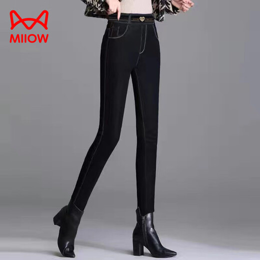 MiiOW high-waist silk, silk cotton trousers and velvet jeans for women 2025 new winter thickened and warm outer wear to show slimming feet black denim/strip/strip sheep lining Height 158-169 cm 2XL Weight 125-135