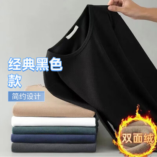 2025 new bottoming men's long-sleeved T-shirt autumn and winter double-sided velvet warm plus velvet round neck top with dark gray 3XL