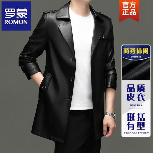 ROMON Spring and Autumn Haining Leather Men's Cowhide Leather Windbreaker Mid-Length Business Casual Leather Jacket Leather Coat Black M 170