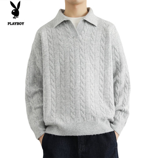 Playboy (PLAYBOY) twist long-sleeved sweater men's autumn and winter lazy style Henry collar American retro knitted versatile POLO shirt men's black M