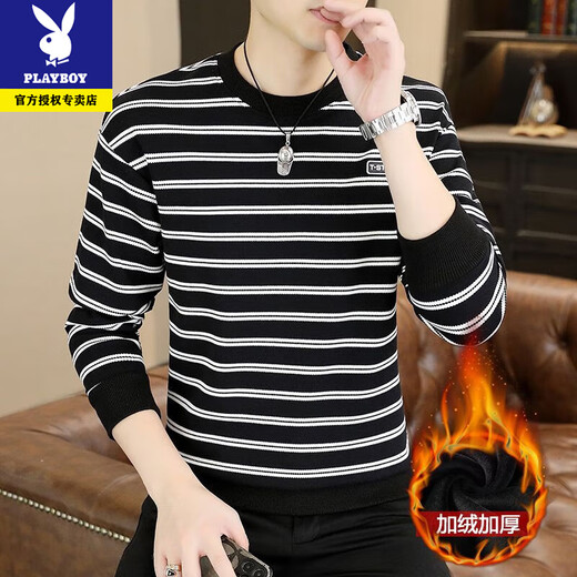 Playboy's new sweatshirt men's spring, autumn and winter round neck versatile slim fit plus velvet high-end striped men's long-sleeved T-shirt bottoming shirt 3376-black spring and autumn style XL recommended 130-145Jin Jin equals 0.5 kg