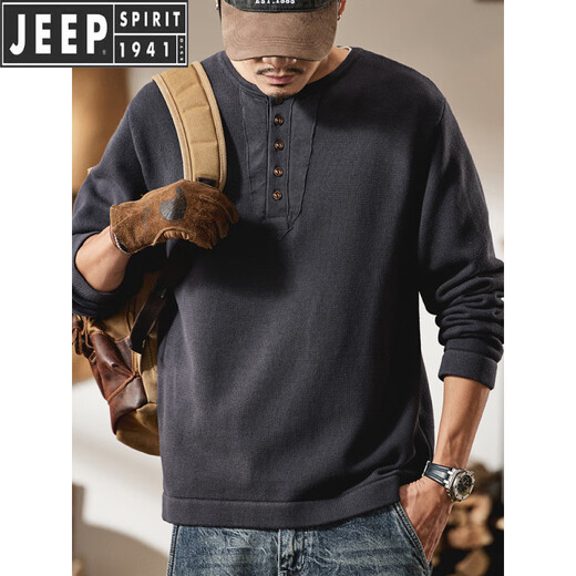 JEEP SPIRIT Jeep high-end heavyweight long-sleeved sweater men's winter loose sweater tough guy Henry collar bottoming shirt top warm classic coffee XL 135-150Jin Jin is equal to 0.5 kg