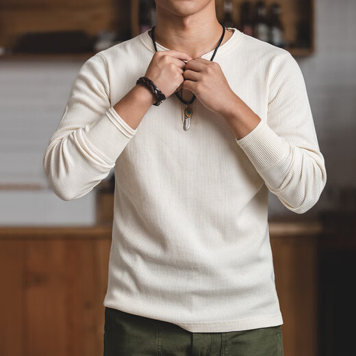 Maden workwear American retro heavyweight waffle henley shirt Ami khaki inner bottoming long-sleeved T-shirt men's spring off-white S